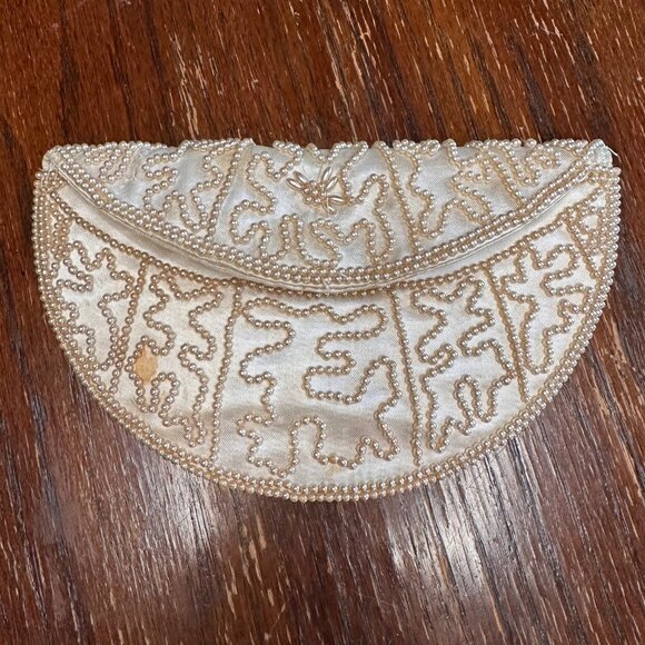 Vintage 50s Beaded Champagne Colored Hand Bag Clutch - Picture 2 of 9